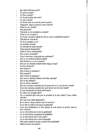 Ştii când înfloresc pomii?
Ce pomi cunoşti?
Ce flori cunoşti?
Ce fructe îţi plac mai mult?
Ce mai cunoşti?
Ce fructe care nu cresc în pomi cunoşti?
Căpşunile, fragii şi zmeura cresc în pomi?
Când se coc cireşile?
Dar piersicile?
Piersicile se coc deodată cu caisele?
Când se coc strugurii?
Ce fructe cunoşti în afară de cele ce cresc în grădinile noastre?
Câţi bani ai vrea să ai?
Ce ţi-ai cumpăra cu ei?
Ce animale cunoşti?
Ce animale de casă cunoşti?
Când pleacă rândunelele?
Când se întorc rândunelele?
Ştii ce sunt veveriţele?
Care e mai mare: şoarecele sau şobolanul?
Ştii cu ce conduce şoferul maşina?
Dar bicicleta cu ce se conduce?
Ştii cum se cheamă străzile foarte largi şi lungi?
Ce face dentistul?
Dar medicul?
Ştii ce face un instalator?
Dar poştaşul?
Ştii ce face un geamgiu?
Ştii cum se cheamă medicul care face operaţii?
Ştii ce fac poliţiştii?
Ştii ce este un semafor?
Ştii care culoare a semaforului îţi spune că nu ai voie să treci strada?
Care este culoarea semaforului care îţi dă voie să treci strada?
Şi care înseamnă că trebuie să fii atent?
Ce culori are drapelul ţării?
De ce drapelul ţării este pus la primărie şi la alte clădiri? (sunt clădiri
oficiale)
Ştii care sunt zilele săptămânii?
în ce zile nu merg oamenii mari Ia serviciu?
în ce zile nu trebuie să mergi la grădiniţă?
Care este sărbătoarea la care aştepţi să vină daruri şi jucării, dacă ai
fost cuminte?
La ce oră trebuie să te duci la grădiniţă?
La ce oră termini programul la grădiniţă?
La ce oră trebuie să te culci seara?
La ce oră trebuie să te scoli dimineaţa?
Câţi copii sunteţi în grupa voastră de la grădiniţă?
Până la cât ştii să numeri?
146
 
