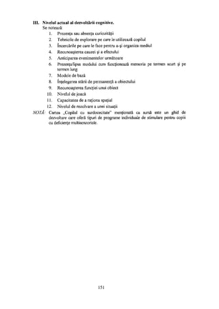 III. Nivelul actual al dezvoltării cognitive.
Se notează:
1. Prezenţa sau absenţa curiozităţii
2. Tehnicile de explorare pe care le utilizează copilul
3. încercările pe care le face pentru a-şi organiza mediul
4. Recunoaşterea cauzei şi a efectului
5. Anticiparea evenimentelor următoare
6. Prezenţa/lipsa modului cum funcţionează memoria pe termen scurt şi pe
termen lung
7. Modele de bază
8. înţelegerea stării de permanenţă a obiectului
9. Recunoaşterea funcţiei unui obiect
10. Nivelul de joacă
11. Capacitatea de a raţiona spaţial
12. Nivelul de rezolvare a unei situaţii
NOTĂ: Cartea „Copilul cu surdocecitate" menţionată ca sursă este un ghid de
dezvoltare care oferă tipuri de programe individuale de stimulare pentru copiii
cu deficienţe multisenzoriale.
151
 