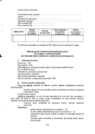 STRUCTURA UNUI PIP
Numele/prenumele copilului
Vârsta - - - - - - - - - -
Domeniul de intervenţie - -
Specialişti implicaţi - - - -
Data realizării PIP - - - - -
Data revizuirii PIP - - - - -
OBIECTIVE
Metode
şi mijloace
de realizare
Perioada
de intervenţie
Criterii minimale
de apreciere
a progreselor
Metode
şi instrumente
de evaluare
1.
2.
3.
în continuare prezentăm un exemplu de PIP realizat de prof. psiholog P. Lungu.
PROGRAM DE INTERVENŢIE PERSONALIZAT
ÎN CADRUL ACTIVITĂŢILOR
DE TERAPDX EDUCAŢIONALĂ COMPLEXĂ ŞI INTEGRATĂ
I. Informaţii de bază:
Nume elev: XX
Data naşterii: 1987
Psihodiagnostic: deficienţă mintală medie la limita inferioară/DM Severă
Q.I. 45 (Binet-Simon)
Tulburări de coordonare psihomotrică
Infantilism afectiv accentuat
Stări de disonanţă afectiv-raţională
Data de elaborare a programului septembrie 1999
II. Starea actuală a subiectului:
Sector de referinţă: probleme de sănătate, enurezis, epilepsie, fatigabilitate accentuată,
răceli frecvente)
rezultate obţinute în urma aplicării testului Gunsburg de evaluare progresivă
a dezvoltării sociale
Comportament cognitiv
Limbaj şi comunicare: nu sunt formate deprinderile de scris-citit, dar recunoaşte o
mare parte din litere şi scrie şi citeşte cuvinte monosilabice în mod mecanic (dislexie,
disgrafie accentuată pe fond de dislalie polimorfă)
vocabular sărac, posibilităţi de exprimare reduse, tulburări semantice
accentuate
Matematica:
parţial realizate deprinderile de numeraţie 1-20
nu sunt realizate deprinderile de calcul oral în limita 1-10
realizează în plan concret adunări şi scăderi în activităţile dirijate de
profesor
cunoaşte parţial monedele şi bancnotele, ştie parţial preţul alimen­
telor de bază
155
 