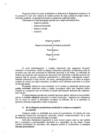 Prognoza trebuie să creeze posibilitatea ca deficientul să depăşească prezentul şi să
fie proiectat în viitor prin: oferirea de modele pozitive de viaţă, crearea de scopuri clare, a
motivaţiei tonifiante, a organizării intereselor şi menţinerea confortului psihic.
Psihodiagnoza în psihopedagogia specială este o etapă intermediară între:
- diagnoza organică;
- diagnoza funcţională;
- diagnoza socială;
- prognoza.
Diagnoza organică
X
Diagnoza funcţională, fiziologică şi acţională
i
Psihodiagnoza
i
Diagnoza socială
î
Prognoza
în actul psihodiagnostic o condiţie importantă este asigurarea încrederii
subiecţilor în examinator. Astfel se asigură colaborarea subiecţilor şi înlăturarea stării de
anxietate care este mai accentuată la deficienţii senzoriali şi de limbaj. La deficienţii de
intelect mai important este succesul sau insuccesul care determină o atitudine pozitivă sau
negativă faţă de sarcină. Labilitatea psihoafectivă a deficienţilor influenţează compor­
tamentul subiectului în faţa sarcinii. De aceea, psihodiagnosticianul va trebui să asigure
condiţia de confort pe timpul examinării, să înlăture orice influenţă exterioară ce ar putea
să distragă atenţia.
Rezultatele obţinute în urma examinării vor fi corelate cu elementele surprinse prin
analiza activităţii subiectului pentru a căpăta convingerea fixării unei diagnoze psihice
complete şi a prognozei care să valorifice în primul rând însuşirile definitorii ale componen­
telor viitoare.
în psihopedagogia specială este esenţială raportarea datelor obţinute pe baza probelor
aplicate la condiţia adaptării subiectului la mediul înconjurător. Adaptarea sau neadaptarea
este nu numai un indiciu al diferenţierii normalului de deficient, dar şi un parametru în
aprecierea eficienţei programelor noastre recuperative.
4. De la diagnoza predominant medicală la evaluarea complexă
şi continuă
Categoria copiilor cu dizabilităţi este extrem de cuprinzătoare. Ea include atât copii
cu deficienţe propriu-zise (locomotorii, senzoriale, mintale, comportamentale), cât şi copii
fără deficienţe, dar care prezintă dificultăţi de învăţare.
Intervenţia educaţional-recuperativă în cazul tuturor acestor copii nu este posibilă
fără o cunoaştere a particularităţilor dezvoltării şi a capacităţilor de care dispun. Scopul
evaluării potenţialului de dezvoltare este integrarea şcolară în conformitate cu principiul
educaţiei personalizate.
7
 