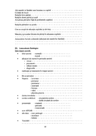 Alţi membri ai familiei care locuiesc cu copilul -
Condiţii de locuit - - - - - - - - - - - - - - -
Relaţiile între părinţi - - - - - - - - - - - - -
Relaţiile dintre părinţi şi copil - - - - - - - -
Atitudinea părinţilor faţă de problemele copilului
Relaţiile părinţilor cu şcoala
Cine se ocupă de educaţia copilului şi cât timp
Metode şi procedee folosite de părinţi în educarea copilului
Antecedente heredo-colaterale (afecţiuni ale membrilor familiei)
III. Antecedente fiziologice
Date despre sarcină:
• felul sarcinii - normală - - - - - - - - - -
- toxică - - - - - - - - - - -
• afecţiuni ale mamei în perioada sarcinii:
- viroze - - - - - - - - - - - - - - - -
- pneumonii - - - - - - - - - - - - - -
- infecţii renale
- disgravidie - - - - - - - - - - - - - -
• medicaţie şi tratamente în timpul sarcinii - - -
• Rh-ul părinţilor - - - - - - - - - - - - - - -
• Naştere: - la termen - - - - - - - - - - - -
- prematur - - - - - - - - - - - -
- postmatur - - - - - - - - - - -
- cezariană - - - - - - - - - - -
- forceps - - - - - - - - - - - - -
- videx - - - - - - - - - - - - -
- placenta praevia - - - - - - - - -
• durata travaliului - - - - - - - - - - - - - -
• cordon ombilical: - circulară de cordon - - -
- dublă circulară de cordon
• prezentaţie: - craniană - - - - - - - - - -
- pelviană - - - - - - - - - -
- transversală - - - - - - - -
• scor APGAR
• alte date: - icter prelungit - - - - - - - - - -
- incubator - - - - - - - - - - - -
- hrănire - - - - - - - - - - - - -
• Vaccinări - - - - - - - - - - - - - - - - -
10
 
