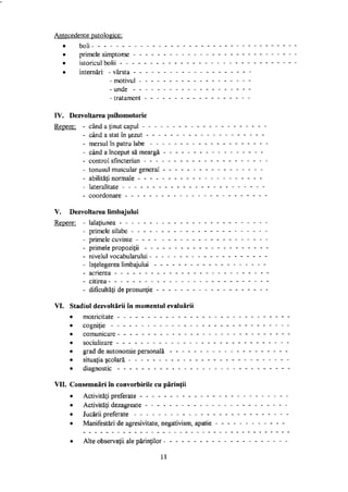 Antecedente patologice:
• boli - - - - - - - - -
• primele simptome - -
• istoricul bolii - - - -
• internări: - vârsta - -
- motivul -
- unde - -
- tratament
IV. Dezvoltarea psihomotorie
Repere: - când a ţinut capul - - - - - - - - - - - -
- când a stat în şezut - - - - - - - - - - -
- mersul în patru labe - - - - - - - - - - -
- când a început să meargă - - - - - - - -
- control sfincterian - - - - - - - - - - - -
- tonusul muscular general - - - - - - - -
- abilităţi normale - - - - - - - - - - - - -
- lateralitate - - - - - - - - - - - - - - -
- coordonare - - - - - - - - - - - - - - -
V. Dezvoltarea limbajului
Repere: - lalaţiunea - - - - - - - - - - - - - - - -
- primele silabe - - - - - - - - - - - - - -
- primele cuvinte - - - - - - - - - - - - -
- primele propoziţii - - - - - - - - - - - -
- nivelul vocabularului - - - - - - - - - - -
- înţelegerea limbajului - - - - - - - - - -
- scrierea - - - - - - - - - - - - - - - -
- citirea - - - - - - - - - - - - - - - - -
- dificultăţi de pronunţie - - - - - - - - - -
VI. Stadiul dezvoltării în momentul evaluării
• motricitate - - - - - - - - - - - - - - - -
• cogniţie - - - - - - - - - - - - - - - - -
• comunicare - - - - - - - - - - - - - - - -
• socializare - - - - - - - - - - - - - - - -
• grad de autonomie personală - - - - - - -
• situaţia şcolară - - - - - - - - - - - - - -
• diagnostic - - - - - - - - - - - - - - - -
VII. Consemnări în convorbirile cu părinţii
• Activităţi preferate - - - - - - - - - - - -
• Activităţi dezagreate - - - - - - - - - - -
• Jucării preferate - - - - - - - - - - - - -
• Manifestări de agresivitate, negativism, apatie
• Alte observaţii ale părinţilor -
11
 