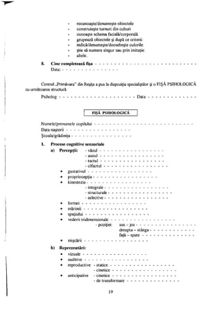 recunoaşte/denumeşte obiectele
construieşte turnuri din cuburi
cunoaşte schema facială/corporală
grupează obiectele şi după ce criterii:
indică/denumeşte/deosebeşte culorile:
ştie să numere singur sau prin imitaţie:
altele.
8. Cine completează fişa - - - - - - - - - - - - -
Data:
Centrul primăvara" din Reşiţa a pus la dispoziţia specialiştilor şi o FIŞĂ PSIHOLOGICĂ
cu următoarea structură:
Psiholog - - - - - - - - - - - - - - - - - - - - Data - - - - - - - - - - - - -
FIŞĂ PSIHOLOGICĂ
Numele/prenumele copilului - - - - - - - - - - - - - - -
Data naşterii - - - - - - - - - - - - - - - - -
Şcoala/grădiniţa- - - - - - - - -
1. Procese cognitive senzoriale
a) Percepţii: - văzul - - - - - - - - - - - - -
- auzul - - - - - - - - - - - - -
- tactul - - - - - - - - - - - - -
- olfactul - - - - - - - - - - - -
• gustativul - - - - - - - - - - - - - - - -
• propriocepţia - -
• kinestezia - - - - - - - - - - - - - - - -
- integrale - - - - - - - - - - - -
- structurale - - - - - - - - - - -
- selective - - - - - - - - - - - -
• formei - - - - - - - - - - - - - - - - -
• mărimii - - - - - - - - - - - - - - - - -
• spaţiului - - - - - - - - - - - - - - - - -
• vederii tridimensionale - - - - - - - - - -
-poziţiei: sus-jos - - - -
dreapta - stânga
faţă - spate - -
• mişcării - - - - - - - - - - - - - - - - -
b) Reprezentări:
• vizuale - - - - - - - - - - - - - - - - -
• auditive - - - - - - - - - - - - - - - - -
• reproductive - statice - - - - - - - - - -
- cinetice - - - - - - - - - -
• anticipative - cinetice - - - - - - - - - -
- de transformare - - - - - -
19
 