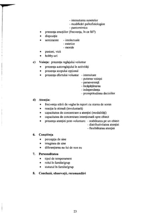 - intensitatea sunetelor
- modificări psihofiziologice
- pantomimica
• prezenţa emoţiilor (frecvenţa, în ce fel?)
• dispoziţie
• sentimente - intelectuale
- estetice
- morale
• pasiuni, vicii
• hobby-uri
c) Voinţa: prezenţa reglajului voluntar
• prezenţa autoreglajului în activităţi
• prezenţa scopului opţional
• prezenţa efortului voluntar - intensitate
- puterea voinţei
- perseverenţă
- încăpăţânarea
- independenţa
- promptitudinea deciziilor
d) Atenţia:
• frecvenţa stării de veghe în raport cu starea de somn
• reacţia la stimuli (involuntară)
• capacitatea de concentrare a atenţiei (modalităţi)
• capacitatea de concentrare intenţionată spre obiect
• prezenţa atenţiei post-voluntare: - stabilitatea pe un obiect
- distributivitatea atenţiei
- flexibilitatea atenţiei
6. Conştiinţa
• percepţia de sine
• imaginea de sine
• diferenţierea eu-lui de non eu
7. Personalitatea
• tipul de temperament
• rolul în familie/grup
• statutul în familie/grup
8. Concluzii, observaţii, recomandări
23
 