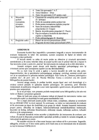 4. Testul de apercepţie T.A.T.
5. Testul fabulelor - Duss
6. Testul de apercepţie CAT pentru copii
8. Maturitate
şcolară
(cunoştinţe,
priceperi,
deprinderi)
1. Chestionar de cunoştinţe pentru preşcolari
(U. Şchiopu)
2. Probe de cunoştinţe pentru şcolarul mic
3. Probe pentru cunoaşterea copilului preşcolar
4. Scara de evaluare a educabilităţii
preşcolarului (A. Coaşan)
5. Bateria de probe pentru preşcolari (V. Piscoi)
6. Fişa de evaluare a nivelului de dezvoltare a
copiilor cu dizabilităţi
7. Probe psihopedagogice (E. Bonchiş)
9. Programe cadru 1. Planuri de servicii personalizate (PSP)
2. Programe de intervenţie personalizată (PIP)
ADDENDUM
Economia lucrării face imposibilă o prezentare integrală a tuturor instrumentelor de
evaluare menţionate în tabel. De asemenea, suntem conştienţi de faptul că tabelul este
incomplet şi deci perfectibil.
O lectură atentă va arăta că multe probe au obiective şi structură aproximativ
asemănătoare şi de aceea reiterăm ideea că scopul lucrării este în primul rând de a expune în
faţa lectorului avizat o parte din „zestrea" de instrumente de evaluare şi de a oferi alternative.
Această culegere poate deveni utilă tinerilor specialişti psihopedagogi care îşi
orientează cariera spre cunoaşterea copiilor (cu sau fără dizabilităţi).
Nu cu mult timp în urmă a apărut o lucrare deosebit de utilă mai ales psiho-
diagnosticienilor, dar şi specialiştilor psihopedagogi, pedagogi, sociologi, asistenţi sociali care
vor să se specializeze în aplicarea testelor psihologice. Este vorba de „Testarea psihologică a
copilului mic", de prof. univ. dr. Nicolae Mitrofan. Cartea a constituit una din sursele
bibliografice ale acestei lucrări.
Autorul atrage atenţia, în prefaţa lucrării, asupra lipsei unui cod deontologic şi a
oricărui control ştiinţific în aplicarea testelor psihologice. De asemenea, prof. Mitrofan
menţionează că publicarea integrală a unor teste reprezintă o gravă eroare, ele putând intra în
posesia unor nespecialişti.
In ce ne priveşte, vom prezenta probele menţionând sursa bibliografică şi de cele mai
multe ori făcând o prezentare generală.
Ideea de bază este aceea că evaluarea trebuie să dispună de instrumente variate care
să surprindă copilul cu dizabilităţi în toată gama manifestărilor sale.
într-o etapă ulterioară aceste probe trebuie triate, completate, adaptate şi constituite
într-un DOSAR UNIC la nivel naţional. în continuare, va trebui ca instrumentele de evaluare
să fie structurate pe tipuri de dizabilităţi şi pe grupe de vârstă. Aceasta înseamnă instrumente
proprii pentru: dificultăţi de învăţare; întârziere/deficienţă mintală/dizabilitate intelectuală;
dezordini de limbaj; deficienţe fizice/motorii; deficienţe vizuale; deficienţe auditive; tulburări
afective şi de comportament.
O sarcină deosebită revine autorilor şi deţinătorilor de instrumente de evaluare care
trebuie să pună la dispoziţia practicienilor specialişti probele şi testele în varianta integrală, cu
instrucţiuni de aplicare şi cotare.
Ne asumăm sarcina de a face acest început care trebuie să fie o provocare. Sugestiile,
adăugirile, criticile vor fi bine venite pentru că în fond ceea ce ne interesează este să acţionăm
cu toţi în interesul COPILULUI.
28
 