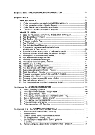 Secţiunea a lll-a - PROBE PSIHOGENETICE OPERATORII 72
Secţiunea a IV-a 75
PROCESE PSIHICE 75
1. Probe pentru determinarea nivelului abilităţilor perceptive 75
2. Proba perceptiv-motrică - Bender Santucci 76
3. Proba Rey de memorie auditivă a cuvintelor 77
4. Test de concentrare pentru primul an şcolar 78
PROBE DE LIMBAJ 79
1. Scala „C. Păunescu" pentru nivelul de dezvoltare a limbajului 79
2. Test de vocabular în imagini 82
3. Test T.A.C.L. - R 83
4. Proba de vocabular Rey 84
5. Test Wheldall 86
6. Test de limbaj Borel-Maisonny 86
7. Proba pentru cunoaşterea vârstei psihologice
a limbajului - A. Descoeudres 88
8. Proba de evaluare a progresului în învăţarea limbajului 91
9. Probe de evaluare a nivelului de dezvoltare a limbajului 92
10. Probe pentru examinarea limbajului oral 92
11. Fişa de examinare a copilului alalic 94
12. Probe de conştientizare fonologică 96
13. Proba Borel-Maisonny pentru scris/citit 97
14. Testul A.B.C. (L. Filho) 97
15. Probe pentru examinarea scrierii 99
16. Fişa de evaluare a dificultăţilor grafice 99
17. Evaluarea predispoziţiilor lexice - Fayasse 101
18. Scala de evaluare - Harvey 102
19. Proba de examinare a lexiei (N. Gheorghiţă, A. Fradis) 103
20. Proba de citire - Bovet 103
21. Proba de evaluare a capacităţii lexice - Lobrot 104
22. Test de înţelegere a lecturii 105
23. Fişa de monitorizare a copilului cu retard de limbaj 106
Secţiunea a V-a - PROBE DE MOTRICITATE 108
1. Proba Ozeretsky-Guillmain 108
2. Proba de orientare spaţială - Piaget Head 109
3. Proba de lateralitate - Harris 110
4. Probă pentru determinarea unor sincinezii digitale - Rey 111
5. Bateria de lateralitate - Galifret Granjon 111
6. Probe pentru examinarea praxiilor 114
7. Proba de bifare a unor semne 115
8. Proba de punctare - M. Stambak 116
Secţiunea a Vl-a - MATURIZAREA PSIHOSOCIALĂ 117
1. Scala de maturizare socială - Gunzburg 117
2. Scara Vineland 117
3. Lista de control pentru depistarea tulburărilor
de comportament - Werry, Quay 119
4. Chestionar privind dezvoltarea psihică generală
a copilului 121
5. Formarea timpurie a deprinderilor comportamentale - checklist 125
 