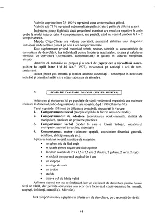 Valorile cuprinse între 75-100 % reprezintă zona de normalitate psihică.
Valorile sub 75 % reprezintă subnormalitate psihică (retard psihic de diferite grade).
întârzierea poate fi globală dacă preşcolarul examinat are rezultate negative la unele
probe la nivelul tuturor celor 4 comportamente, sau parţială, când nu rezolvă probele la 1 - 2
comportamente.
Metoda Chiţu-Chiriac are valoare operativă, permiţând stabilirea unui diagnostic
individual de dezvoltare psihică pe cele 4 arii comportamentale.
Date suplimentare privind materialul tehnic necesar, tabelele cu caracteristicile de
normalitate ale dezvoltării, fişa individuală pentru înscrierea rezultatelor, notarea şi calcularea
nivelului de dezvoltare (normalitate, subnormalitate) se găsesc în lucrarea menţionată
anterior.
Amintim că autoarele au propus şi o scară de „Apreciere a dezvoltării neuro-
psihice la copiii între 1 şi 36 luni" (1977), structurată pe aceleaşi 4 arii de com­
portament.
Aceste probe pot semnala şi localiza anumite dizabilităţi - deficienţele în dezvoltare
indicând şi orientând astfel către măsuri adecvate de stimulare.
SCARA DE EVALUARE DENVER (TESTUL DENVER)
Adaptarea şi etalonarea lui pe populaţie de copii românească reprezintă cea mai mare
realizare în domeniul psiho-diagnosticului în ţara noastră, după 1989 (Mitrofan N.)
Testul cuprinde 105 itemi de dificultate crescândă, structuraţi în 4 grupe:
1. Comportamentul social (reacţiile copilului la factori sociali de mediu)
2. Comportamentul de adaptare (coordonarea oculo-manuală, abilităţi de
manipulare, rezolvare de probleme practice).
3. Comportament verbal (modul în care e folosit limbajul, vocabularul
activ/pasiv, asocieri de cuvinte, abstracţii)
4. Comportament motor (orientare spaţială, coordonare dinamică generală,
echilibru, abilităţi manuale etc).
Aplicarea testului necesită următoarele materiale:
• un ghem mic de lână roşie
• o jucărie pentru sugari care face zgomot
• 8 cuburi colorate de 2,5 x 2,5 x 2,5 cm (2 albastre, 2 galbene, 2 verzi, 2 roşii)
• o sticluţă transparentă cu gâtul de 1 cm
• un clopoţel
• o minge de tenis
• un creion
• stafide
• câteva coli de hârtie velină
Aplicarea acestui test nu se finalizează într-un coeficient de dezvoltare pentru fiecare
nivel de vârstă, dar permite conturarea unui scor care încadrează copiii examinaţi în: normali,
suspecţi, deficienţi, instabili (N. Mitrofan).
Iată comportamentele aşteptate în diferite arii de dezvoltare, pe o secvenţă de vârstă:
44
 