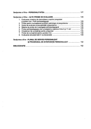 Secţiunea a Vll-a - PERSONALITATEA 127
Secţiunea a Vlll-a - ALTE PROBE DE EVALUARE 128
t
1. Evaluarea nivelului de dezvoltare a copiilor preşcolari
şi şcolari mici. Profil psihopedagogie 128
2. Probe pentru cunoaşterea profilului psihologic al preşcolarului 130
3. Scara de evaluare a educabilităţii preşcolarului 132
4. Bateria de probe de investigaţie psihopedagogică 135
5. Probe psihopedagogice de cunoaştere a copilului între 4 şi 11 ani 137
6. Chestionar de cunoştinţe pentru preşcolari 145
7. Probe de cunoştinţe pentru şcolarul mic 148
8. Evaluarea educaţională în surdocecitate 149
Secţiunea a IX-a - PLANUL DE SERVICII PERSONALIZAT
Şl PROGRAMUL DE INTERVENŢIE PERSONALIZAT 152
BIBLIOGRAFIE 162
 