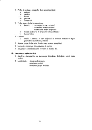 4. Probe de sortare a obiectelor după anumite criterii:
a) culoare
b) mărime
c) formă
d) grosime
e) dimensiuni
5. Probe pentru limbaj şi comunicare
a) Fonetic - cu ce sunet începe cuvântul?
- cu ce silabă începe cuvântul?
- cu ce cuvânt începe propoziţia?
b) lexical: alcătuirea de propoziţii din cuvinte date
c) lacune în text
6. Gândire
a) analiză - sinteză: se cere copilului să formeze mulţimi de figuri
geometrice după formă, mărime
7. Atenţie: probe de barare a figurilor care nu sunt triunghiuri
8. Memorie: memorare şi reproducere de cuvinte
9. Imaginaţie: completarea unei povestiri cu început dat.
Dezvoltarea socio-afectivă
1. stabilirea deprinderilor de autonomie (îmbrăcat, dezbrăcat, servit masa,
ordine)
2. sociabilitate: - integrare în colectiv
- relaţia cu adultul
- relaţia cu grupul de copii.
53
 