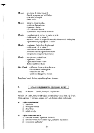 11 ani: - probleme de calcul mintal II
- figurile suprapuse ale lui Abelson
- povestire în imagini
- lunile anului
12 ani: - căutarea mingii pierdute
- probleme, fapte diverse
- repetarea a 6 cifre
- critica frazelor absurde
- expunere de 60 cuvinte în 3 minute
13 ani: - reproducerea de cuvinte în ordine inversă
- probleme de calcul mintal II
- aşezarea corectă în propoziţie a unor cuvinte date la întâmplare
- repetarea unor propoziţii de 28 silabe
14 ani: - repetarea a 5 cifre în ordine inversă
- probleme de calcul mintal II
- inversarea arătătoarelor ceasului
- problema cutiilor cuprinse una în alta
- interpretarea imaginilor (alternativ)
15 ani: - interpretarea proverbelor
- repetarea a 7 cifre
- repetarea inversă a 6 cifre
- desfacerea hârtiei tăiate
16 - 17 ani - diferenţa dintre cuvinte abstracte
- interpretarea unei cugetări
- repetarea a 8 cifre
- probleme de agerime mintală
Testul este însoţit de instrucţiuni de aplicare şi cotare.
S C A L A D E I N T E L I G E N Ţ Ă S T A N F O R D B I N E T
Sursa: N. Mitrofan - „ Testarea psihologică a copilului mic ".
Revizuit a 4-a oară, testul se adresează subiecţilor cu vârste între 2 şi 23 ani.
Scala cuprinde 15 subteste grupate pe 4 arii ale dezvoltării intelectuale:
a) raţionament verbal
1) vocabular
2) înţelegere verbală
3) absurdităţi
4) relaţii verbale
b) raţionament cantitativ
1) cantitate: numere, deprinderi de calcul
2) serii de numere: raţionament logic, concepte matematice
3) construirea egalităţilor
57
 