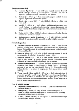 Subteste pentru şcolari
1. Memoria figurilor (5 - 17 ani şi 11 luni): măsoară memoria de scurtă
durată, abilităţile motorii şi vizualo-spaţiale. Copilului i se cere să
reproducă din memorie - după 5 secunde - o linie desenată.
2. Definiţii (5 - 17 ani şi 11 luni): măsoară înţelegerea verbală. Se cere
copilului să precizeze înţelesul unor cuvinte.
3. Construcţia structurii (3 - 17 ani şi 11 luni): identic cu cel din seria
precedentă.
4. Matrici (5 - 17 ani şi 11 luni): măsoară abilitatea raţionamentului non-
verbal. Copilului i se arată mai multe matrici şi i se cere să aleagă, din mai
multe variante, desenul care completează cel mai bine matricea (similar cu
Raven).
5. Similarităţi (5 - 17 ani şi 11 luni): măsoară raţionamentul verbal. Conţine
întrebări care solicită raţionamentul.
6. Raţionament secvenţial şi cantitativ (5 - 17 ani şi 11 luni): măsoară
abilităţile de-a percepe regulile secvenţiale în cadrul relaţiilor numerice.
Subteste diagnostice
1. Potrivirea formelor ce seamănă cu literele ( 4 - 7 ani şi 11 luni): măsoară
abilitatea de discriminare vizuală între figuri asimetrice care seamănă cu
literele. Copilului i se cere să potrivească anumite semne (rotite în pagină)
cu literele alfabetului.
2. Memoria cifrelor (2,5 - 17 ani şi 11 luni): măsoară memoria de scurtă
durată a seriilor de cifre (serii formate din 2 până la 9 cifre).
3. Memoria figurilor (4 - 17 ani şi 11 luni): măsoară memoria verbală de
scurtă şi lungă durată. I se prezintă copilului o planşă cu imagini şi acesta
trebuie să reproducă verbal cât mai multe din figurile desenate.
4. Recunoaşterea imaginilor (2,5 - 17 ani şi 11 luni): măsoară recunoaşterea
vizuală de scurtă durată, ca opus al memoriei vizuale. După ce i se arată un
cartonaş cu una sau mai multe imagini, timp de 5 - 10 secunde, copilul
trebuie să arate, pe un alt set de imagini, care dintre ele au fost pe primul
cartonaş.
5. Viteza procesării informaţiei (5 - 17 ani şi 11 luni): măsoară viteza şi
acurateţea operaţiilor mintale simple. Copilului i se arată o pagină cu figuri
şi numere şi el trebuie să marcheze, cât mai repede posibil, cercul care
conţine numărul cel mai mare de elemente sau numărul cel mai mare dintr-o
suită de numere prezentată aleatoriu.
Teste de achiziţie şcolară
1. Deprinderi numerice bazale (6 - 17 ani şi 11 luni): măsoară deprinderile
de calcul elementar.
2. Ortografie (6 - 17 ani şi 11 luni): măsoară abilităţile ortografice. în
raport de vârsta copiilor se cere acestora să scrie, după dictare, cuvinte şi
propoziţii cu diferite grade de dificultate.
3. Citire (5 - 17 ani şi 11 luni): se cere copilului să citească cuvinte scrise pe
un cartonaş (de la simple la dificile).
71
 
