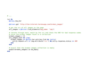 HTTP Status Codes
http://elementalselenium.com/tips/17-retrieve-http-status-codes
 