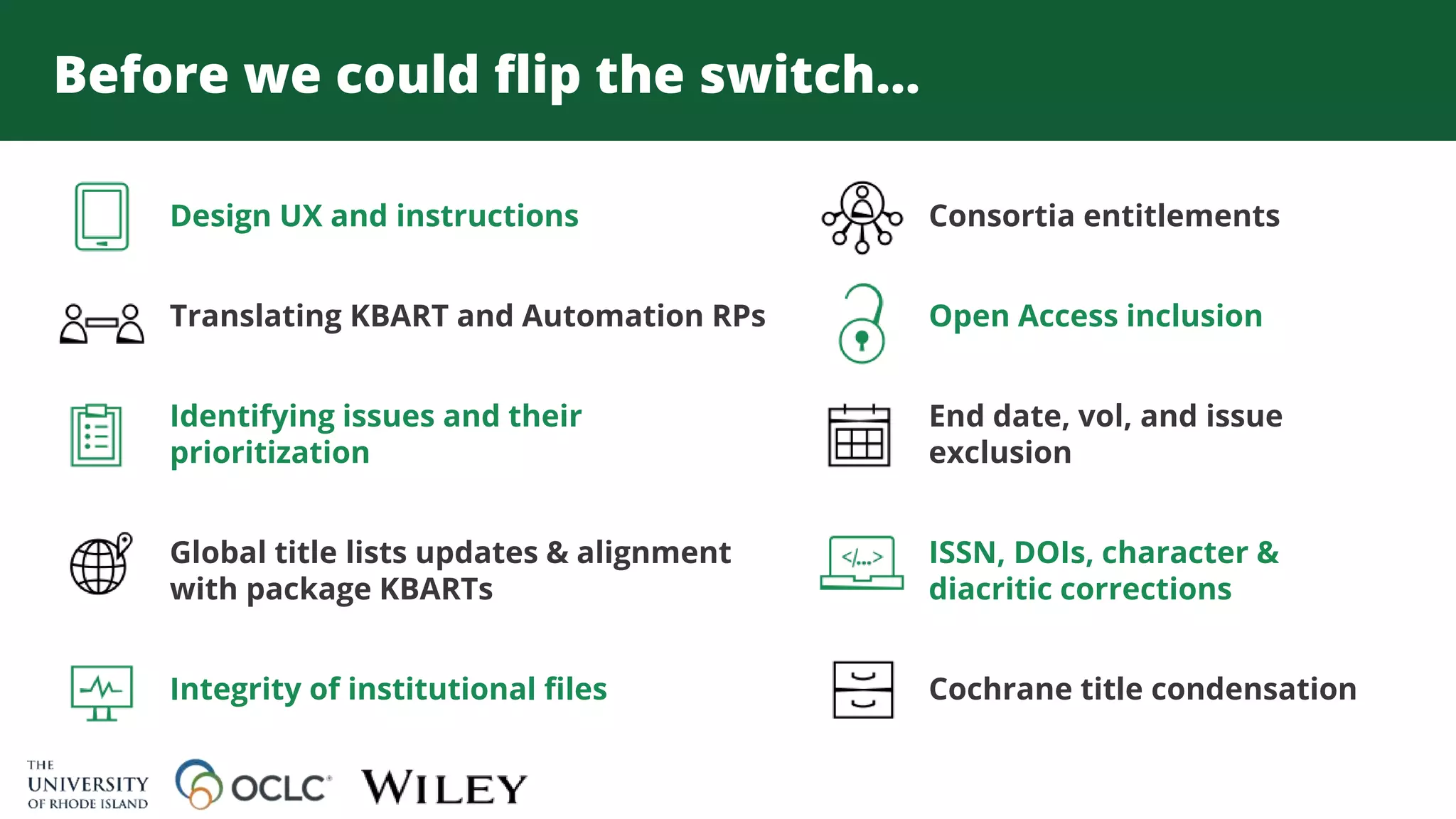 Before we could flip the switch…
Design UX and instructions
Translating KBART and Automation RPs
Identifying issues and their
prioritization
Global title lists updates & alignment
with package KBARTs
Integrity of institutional files
Consortia entitlements
Open Access inclusion
End date, vol, and issue
exclusion
ISSN, DOIs, character &
diacritic corrections
Cochrane title condensation
 