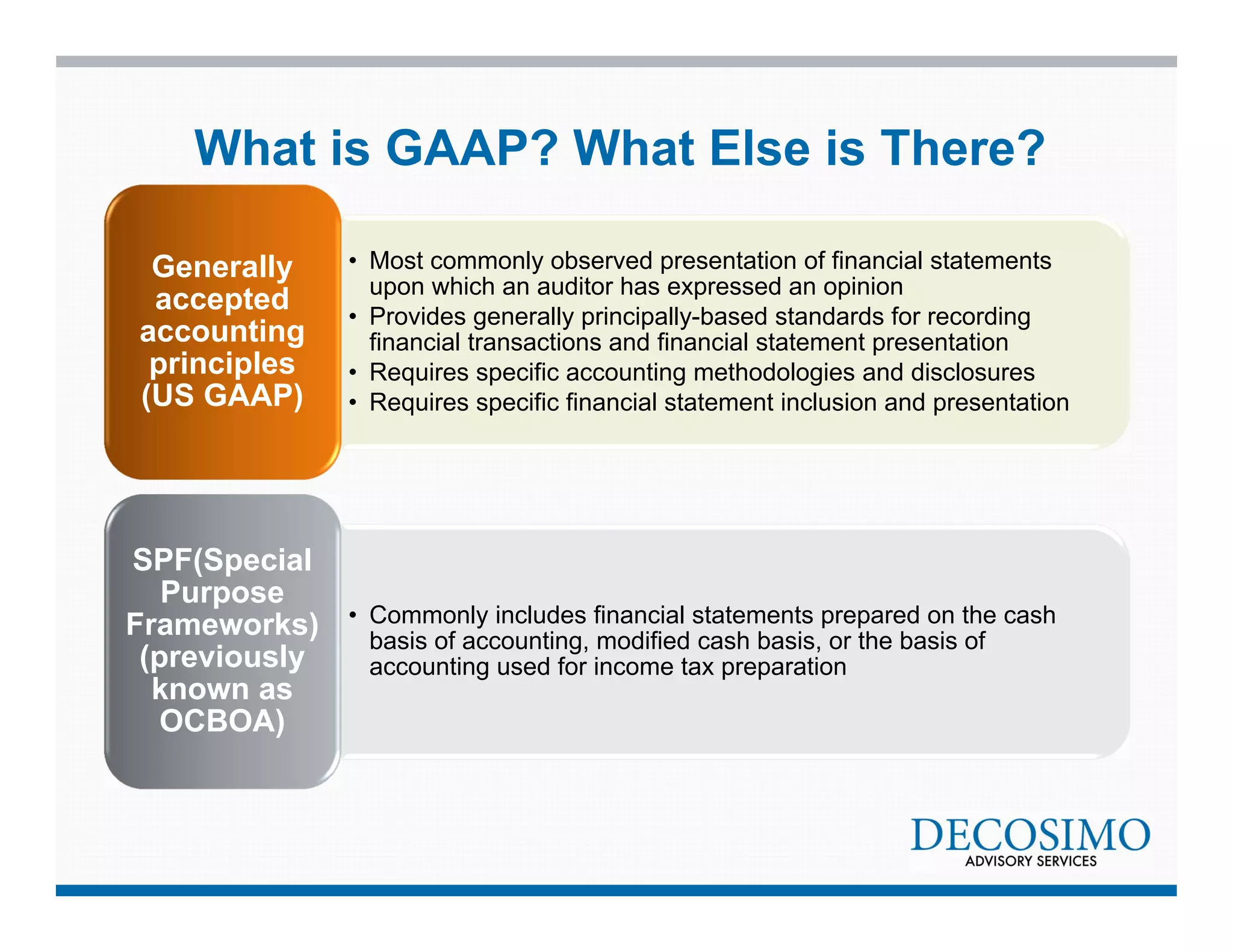 What is GAAP? What Else is There? 
• Most commonly observed presentation of financial statements 
upon which an auditor has expressed an opinion 
• Provides generally principally-based standards for recording 
financial transactions and financial statement presentation 
• Requires specific accounting methodologies and disclosures 
• Requires specific financial statement inclusion and presentation 
Generally 
accepted 
accounting 
principles 
(US GAAP) 
• Commonly includes financial statements prepared on the cash 
basis of accounting, modified cash basis, or the basis of 
accounting used for income tax preparation 
SPF(Special 
Purpose 
Frameworks) 
(previously 
known as 
OCBOA) 
 