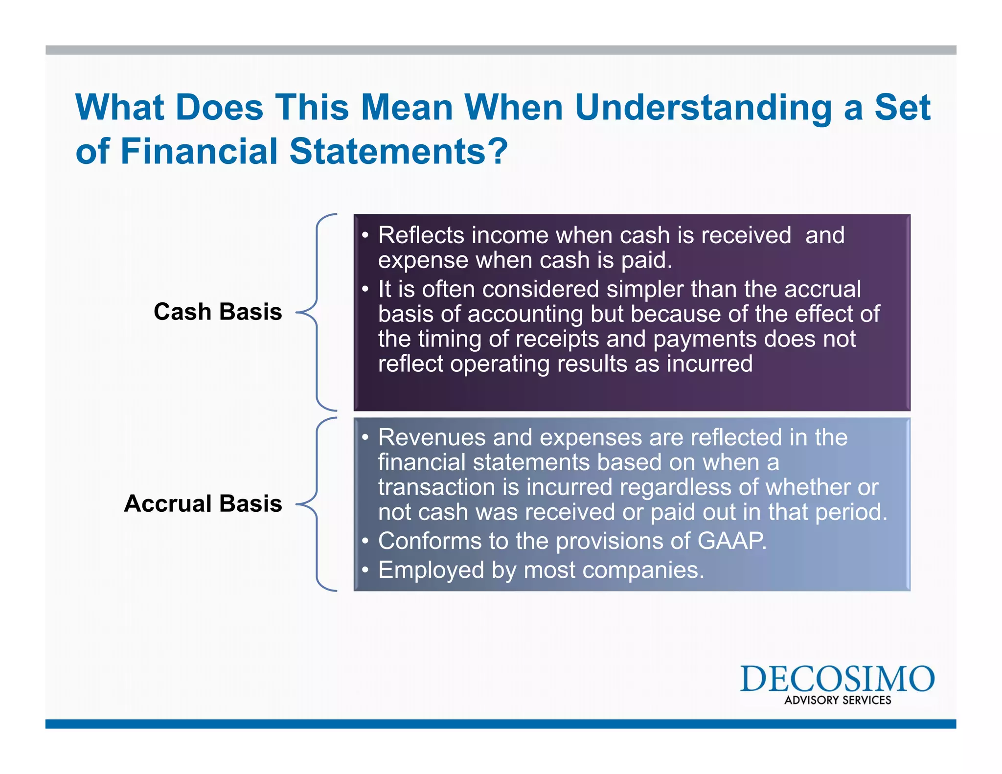 What Does This Mean When Understanding a Set 
of Financial Statements? 
Cash Basis 
• Reflects income when cash is received and 
expense when cash is paid. 
• It is often considered simpler than the accrual 
basis of accounting but because of the effect of 
the timing of receipts and payments does not 
reflect operating results as incurred 
Accrual Basis 
• Revenues and expenses are reflected in the 
financial statements based on when a 
transaction is incurred regardless of whether or 
not cash was received or paid out in that period. 
• Conforms to the provisions of GAAP. 
• Employed by most companies. 
 