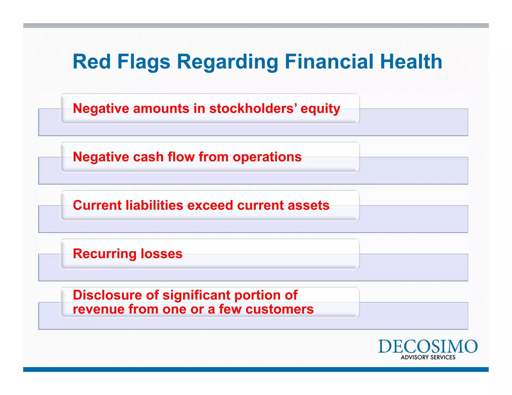 Red Flags Regarding Financial Health 
Negative amounts in stockholders’ equity 
Negative cash flow from operations 
Current liabilities exceed current assets 
Recurring losses 
Disclosure of significant portion of 
revenue from one or a few customers 
 