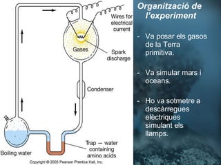 Organització de l’experiment Va posar els gasos de la Terra primitiva. Va simular mars i oceans. Ho va sotmetre a descàrregues elèctriques simulant els llamps.  