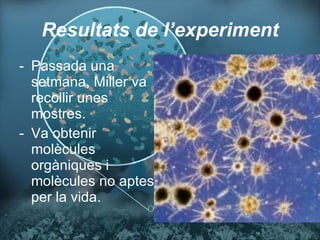 Resultats de l’experiment Passada una setmana, Miller va recollir unes mostres. Va obtenir molècules orgàniques i molècules no aptes per la vida. 