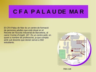 El CFA Palau de Mar és un centre de formació
de persones adultes que està situat en el
Recinte de l'Escola Industrial de Barcelona, al
carrer Comte d'Urgell, 187. És un centre petit, en
quant a nombre de professorat, ja que compta
amb vuit docents que donen servei a 550
estudiants.
C F A P A L A U DE MA R
Xtec.cat
 