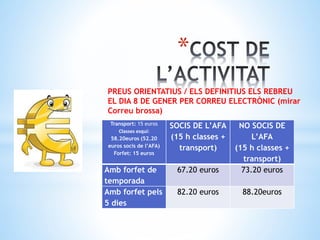 *
Transport: 15 euros
Classes esquí:
58.20euros (52.20
euros socis de l’AFA)
Forfet: 15 euros
SOCIS DE L’AFA
(15 h classes +
transport)
NO SOCIS DE
L’AFA
(15 h classes +
transport)
Amb forfet de
temporada
67.20 euros 73.20 euros
Amb forfet pels
5 dies
82.20 euros 88.20euros
PREUS ORIENTATIUS / ELS DEFINITIUS ELS REBREU
EL DIA 8 DE GENER PER CORREU ELECTRÒNIC (mirar
Correu brossa)
 