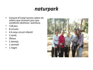 naturparkConjunt d’instal-lacions sobre els arbres que inclouen jocs que combinen destresa i aventura.118 jocs8 circuits4-6 anys circuit infantil2 verds2blaus1 taronja1 vermell1 negre