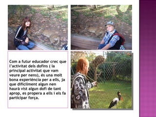 Com a futur educador crec que l’activitat dels dofins ( la principal activitat que vam veure per nens), és una molt bona experiència per a ells, ja que difícilment algun nen haurà vist algun dofí de tant aprop, es propera a ells i els fa participar força.  