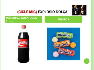 (CICLE MIG) EXPLOSIÓ DOLÇA!!
MATERIAL: COCA-COLA
I…….
MENTOS
 
