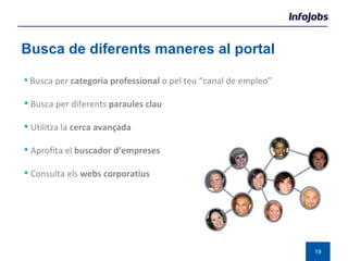 Busca de diferents maneres al portal Busca per  categoria professional  o pel teu “canal de empleo” Busca per diferents  paraules clau  Utilitza la  cerca avançada  Aprofita el  buscador d’empreses Consulta els  webs corporatius 