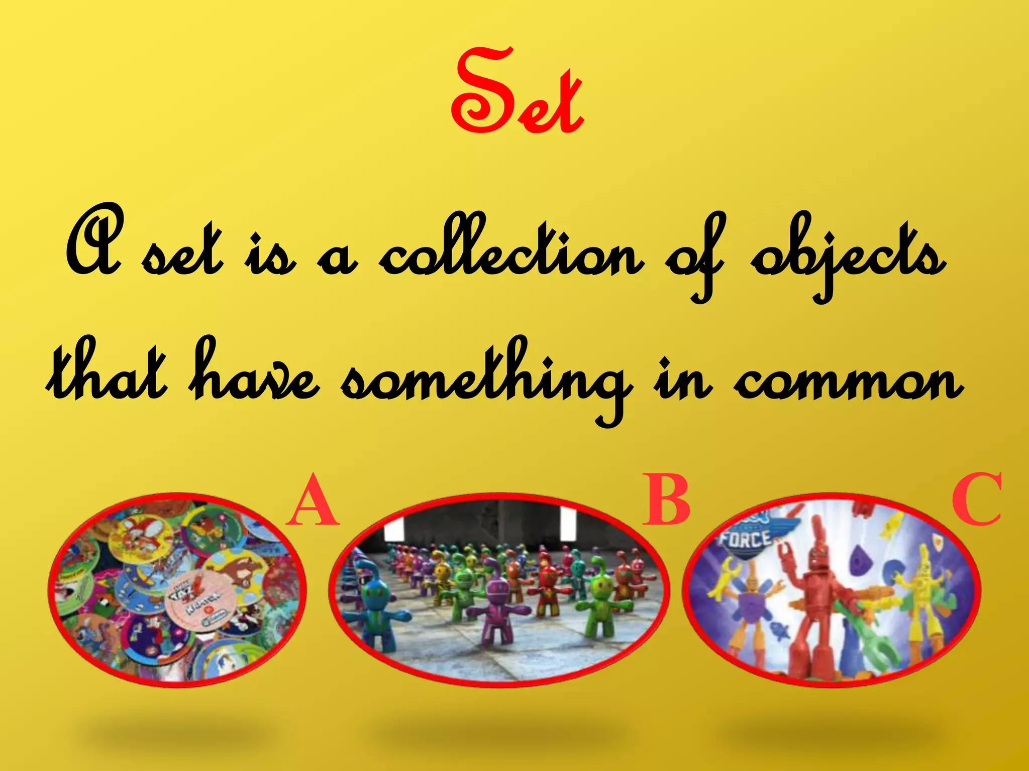 Set
A set is a collection of objects
that have something in common
CBA