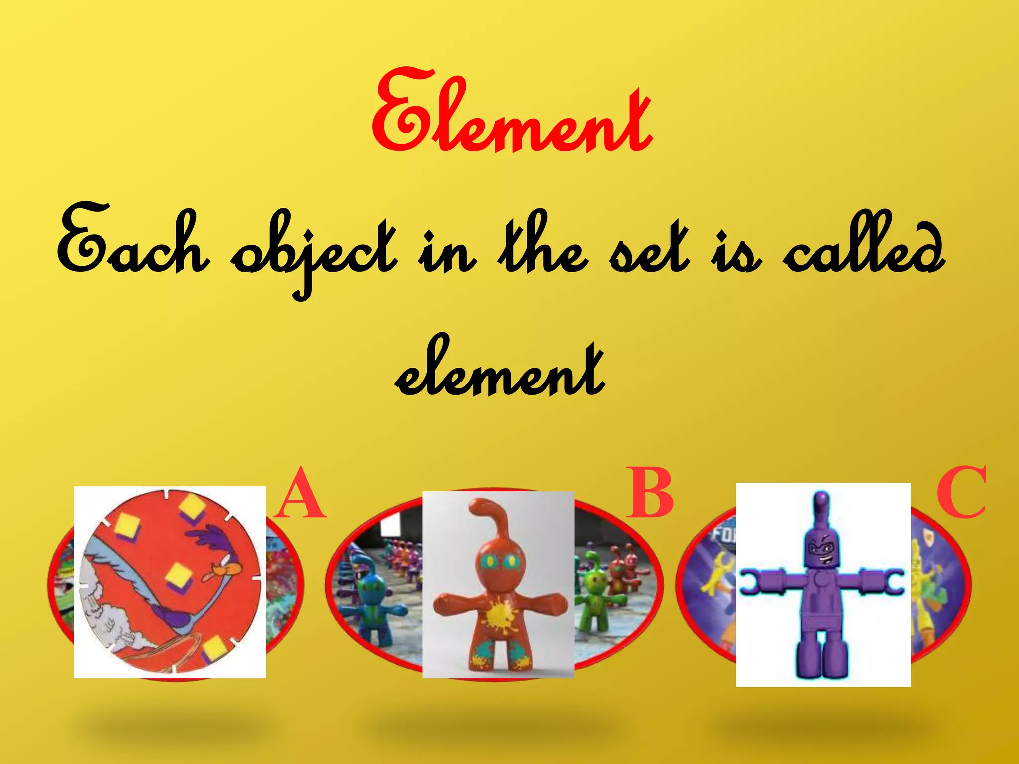 Element
Each object in the set is called
element
CBA