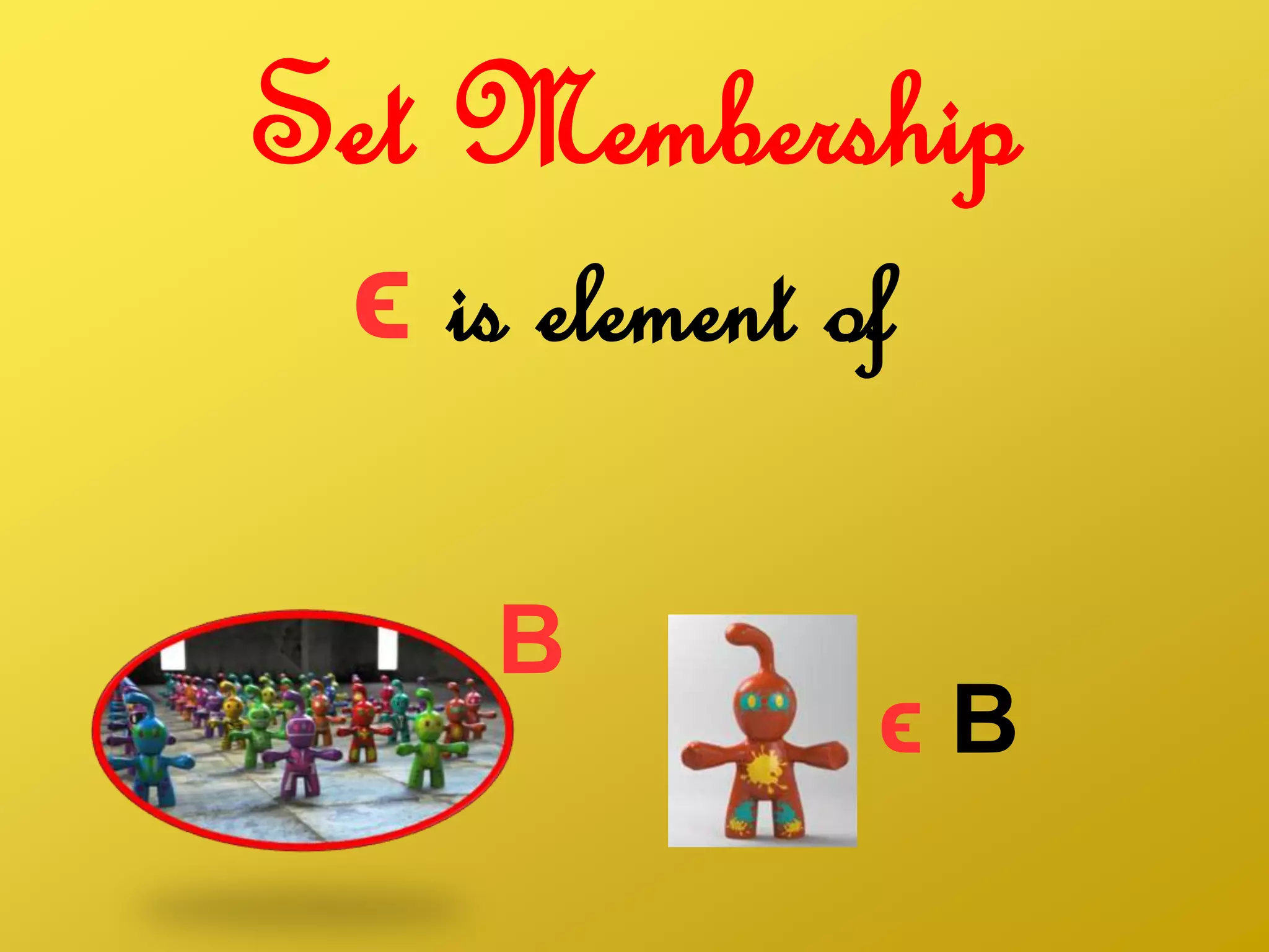 Set Membership
ϵ is element of
B
ϵ B