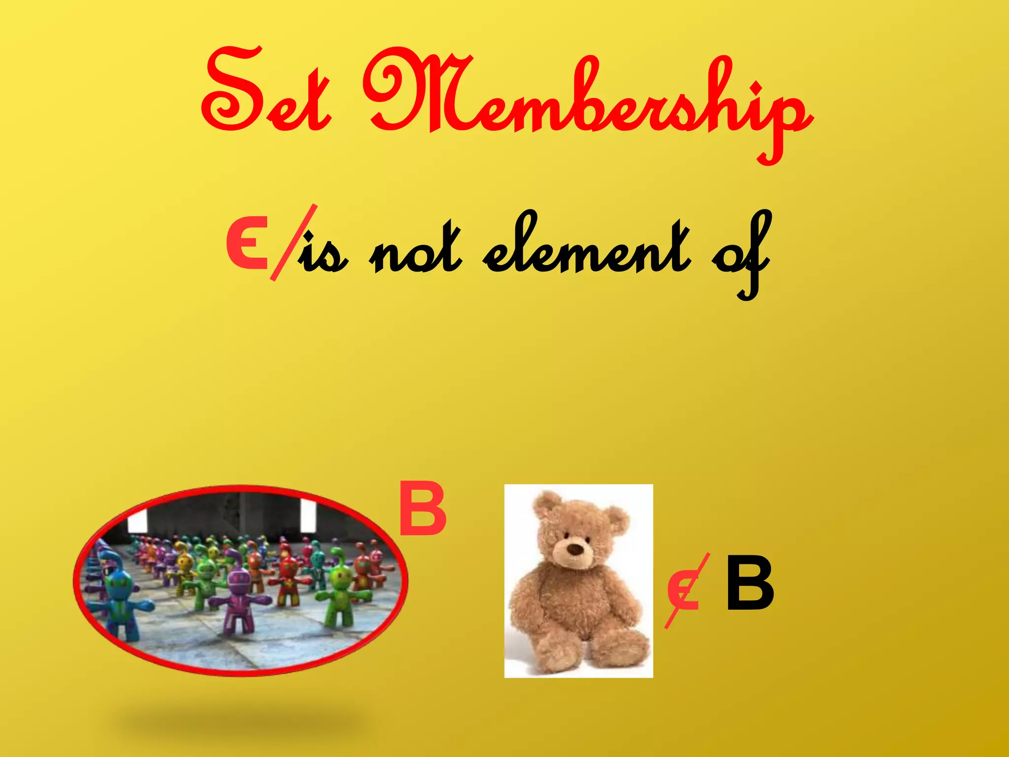 Set Membership
ϵ is not element of
B
ϵ B