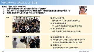 © 2021 ESM, Inc.
「モダンチーム」で大切にしていること
46
行動 ❏ フラットに接する
　全てをゼロベースから始める関係づくり
❏ 直接会話する習慣
　ツールのみの会話だけにしない文化づくり
❏ 楽しむ姿を見せる
　自分自身・関わる人が楽しむことが大事
思考 ❏ 全ての情報をオープンに
❏ NGを作らない、できることを一緒に考えていく
みんなの思いを行動に移せるように支援
❏ 伝搬させる
自分のやりたい⇄みんなのやりたい
変えたい・変えようとしている文化
❏ 立場で自然と決まってしまう役割分担をフラットな組織へ
❏ コミュニケーションの範囲を
PJ内から事業部全体へ（物理的な距離を感じさせない文化へ）
❏ 失敗を恐れすぎてしまう文化をチャレンジできる文化へ
 