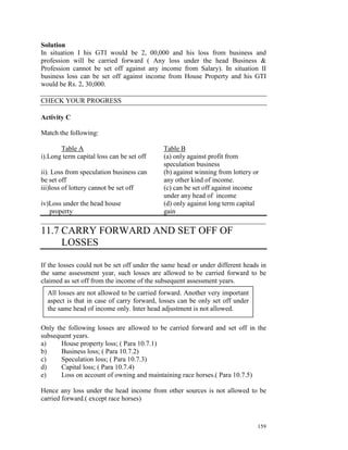 159
Solution
In situation I his GTI would be 2, 00,000 and his loss from business and
profession will be carried forward ( Any loss under the head Business &
Profession cannot be set off against any income from Salary). In situation II
business loss can be set off against income from House Property and his GTI
would be Rs. 2, 30,000.
CHECK YOUR PROGRESS
Activity C
Match the following:
Table A Table B
i).Long term capital loss can be set off (a) only against profit from
speculation business
ii). Loss from speculation business can (b) against winning from lottery or
be set off any other kind of income.
iii)loss of lottery cannot be set off (c) can be set off against income
under any head of income
iv)Loss under the head house (d) only against long term capital
property gain
__________________________________________________________________
11.7 CARRY FORWARD AND SET OFF OF
LOSSES
If the losses could not be set off under the same head or under different heads in
the same assessment year, such losses are allowed to be carried forward to be
claimed as set off from the income of the subsequent assessment years.
Only the following losses are allowed to be carried forward and set off in the
subsequent years.
a) House property loss; ( Para 10.7.1)
b) Business loss; ( Para 10.7.2)
c) Speculation loss; ( Para 10.7.3)
d) Capital loss; ( Para 10.7.4)
e) Loss on account of owning and maintaining race horses.( Para 10.7.5)
Hence any loss under the head income from other sources is not allowed to be
carried forward.( except race horses)
All losses are not allowed to be carried forward. Another very important
aspect is that in case of carry forward, losses can be only set off under
the same head of income only. Inter head adjustment is not allowed.
 