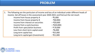 Dr. NGPASC
COIMBATORE | INDIA
PROBLEM
1. The following are the particulars of income and loss of an individual under different heads of
income. Set-off losses in the assessment year 2020-2021 and find out the net result:
Income from house property A - ₹5,000
Income from house property B - ₹(8,000)
Income from interest on securities – ₹20,000
Income from a cycle business – ₹(20,000)
Profit from speculation business - ₹ 20,000
Loss from short-term capital asset - ₹6,000
Long term capital loss - ₹25,000
Long term capital gain (Investment) - ₹21,000
 
