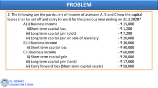 Dr. NGPASC
COIMBATORE | INDIA
PROBLEM
2. The following are the particulars of income of assessee A, B and C how the capital
losses shall be set off and carry forward for the previous year ending on 31.3.2020?
A) i) Business Income - ₹ 15,000
ii)Short term capital loss - ₹ 1,200
iii) Long term capital gain (plot) - ₹ 7,200
iv) Long term capital gain on sale of Jewellery - ₹ 20,000
B) i) Business income - ₹ 30,000
ii) Short term capital loss - ₹ 40,000
C) i)Business income - ₹ 60,000
ii) Short term capital gain - ₹ 20,000
iii) Long term capital gain (land) - ₹ 17,000
iv) Carry forward loss (Short term capital assets) - ₹ 50,000
 