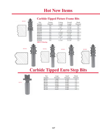 147
Hot New Items
Part Cutting Cutting Overall Shank
Number Diameter Length Length Diameter
SE5502 3/4˝ 1-3/16˝ 2-7/8˝ 1/4˝
SE5504 3/4˝ 3/4˝ 2-7/16˝ 1/4˝
SE5506 3/4˝ 1-7/16˝˝ 3-1/8˝ 1/4˝
SE5508 3/4˝ 1˝ 2-11/16˝ 1/4˝
SE5510 3/4˝ 1-3/16˝ 2-13/16˝ 1/4˝
SE5812 3/4˝ 1-3/16˝ 3-1/8˝ 1/2˝
SE5814 3/4˝ 3/4˝ 2-11/16˝ 1/2˝
SE5816 3/4˝ 1-7/16˝ 3-3/8˝ 1/2˝
SE5818 3/4˝ 1˝ 2-15/16˝ 1/2˝
SE5820 3/4˝ 1-3/16˝ 3-1/16˝ 1/2˝
SBE115 Bearing
Carbide-Tipped Picture Frame Bits
Carbide Tipped Euro Step Bits
Part Large Small Shank
Number Diameter Diameter Diameter
SE751 1.000˝ 0.750˝ 1/2˝
SE753 0.630˝ 0.500˝ 1/2˝
SE755 0.650˝ 0.492˝ 1/2˝
SE756 0.630˝ 0.484˝ 1/2˝
SE757 0.800˝ 0.563˝ 1/2˝
SE758 0.795˝ 0.480˝ 1/2˝
SE759 0.638˝ 0.480˝ 1/2˝
SE5812
SE5816 SE5818 SE5820
g g
SE5502 3/4˝ 1-3/16˝ 2-7/8˝ 1/4˝
SE5506 3/4˝ 1-7/16˝˝ 3-1/8˝ 1/4˝
SE5510 3/4˝ 1-3/16˝ 2-13/16˝ 1/4˝
SE5814 3/4˝ 3/4˝ 2-11/16˝ 1/2˝
SE5818 3/4˝ 1˝ 2-15/16˝ 1/2˝
SE751 1.000˝ 0.750˝ 1/2˝
SE755 0.650˝ 0.492˝ 1/2˝
SE757 0.800˝ 0.563˝ 1/2˝
SE759 0.638˝ 0.480˝ 1/2˝
SE755
SE5814
 