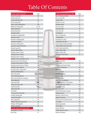 Carbide-Tipped Proﬁle Bits Page Carbide-Tipped Soild Surface Bits Page
Picture Frame Bits 43 Bevel Undermount Bits 35
Plunge Ogee Bits 45 Bowl Cutter Bits 35
Plywood Knotout Bit 48 Chamfer Bits 35
Point Cutting Bits 22 Double Cove Bit 36
Queen Anne Molding Bits 148 Drainboard Bits 36
Rabbet & Slotting Bits 25, 26 Face Cove Bits 36
Radius Edge Bits 38 Face Inlay Bits 34
Raised Panel Bits 46 Flush Trim Bit 34
Roundnose Bits 19 No Drip Bits 34
Roundnose Template Bits 19 Ogee No-Drip Bits 36
Roundover Bits 26 Overhang Bits 34
Roundover Beading Bits 27 Rounding Over Bits 35
Roundover Double 28 Rounding Under Bits 34
Roundover Plunge Bits 27 Roman Ogee Undermount Bits 35
Roundover Small Pilot Bits 28 Solid Carbide Flush Trim Bits 37
Roman Ogee Bits 28 Solid Cabide Spiral Bits 37
Slot & Undercut Bits 33 Surface Repair Bits 37
Slotting Cutters 2 Wing 49 Surface Planer Bits 36
Slotting Cutters 3 Wing 49 Wilsonart™ Bowl Bits 37
Slotting Cutters 4 Wing 49
Slotting Cutter Adjustable Assem 51 Collets and Toolholders
Slotting Cutters Flush Bottom 50 Accessories-CNC 102
Slotting Cutters Drawer 4 Wing 50 AirPro Nut 99
Slotting Cutters Drawer 6 Wing 50 Analog Axial Preset Gauge 148
Slotting Cutters Jemco® 50 Collet Nut Wrenches 96
Slotting Cutters Topmaster® 50 ER Collets 94
Specialty Molding Bits 41 ER Collet Nuts 95
Stile & Rail Bits 47 ER Tool Extenders 98
Stile & Rail Double Bit 47 Height Gauge 148
Stair Tread & Bottom Cleaning 22 Heian® Collets 95
Table Edge Bits 40 HSK E & F Toolholders 98
Taper Reed Bits 40 ISO, BT30 & BT35 Toolholders 97
Tongue & Groove Bit 44 ISO & HSK Type F Arbors 101
Triple Bead Bits 38 Measuring Guide 104
Triple Flute Bits 38 Mini Nuts- ER 100
T-Slot Bits 33 Pull Studs-Retention Knobs 100
V-Groove 60° & 90° Bits 21 Reference sheet 96
Variable Beading Bit 40 Shoda® Collets & Nuts 93
Vertical Panel Bits 46 Spanner Wrenches 96
Wavy Edge Bits 38 SYOZ 20 & 25 Collets & Nuts 92
Wedge Tongue & Groove Bit 42 TG Collets 95
Window Sill Edge Bit 48 Tightening Stands 101
Window Sash Bit 48 Tool Holders 97
Carbide-Tipped Solid Surface Bits Torque Wrench 103
Backsplash Cove Bits 36 Torque Wrench Access 103
Bevel Bits 35 Wipers & Brushes 102
Table Of Contents
 