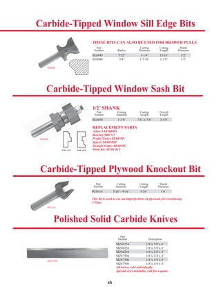 48
SE6050
THESE BITS CAN ALSO BE USED FOR DRAWER PULLS
Part Cutting Cutting Shank
Number Radius Diameter Length Diameter
SE6045 7/32˝ 1-1/4˝ 13/16˝ 1/2˝
SE6046 3/8˝ 1-7/16˝ 1-1/8˝ 1/2˝
SE6046
1/2˝ SHANK
Part Cutting Cutting Overall
Number Diameter Length Length
SE6050 1-3/8˝ 7/8˝-1-5/8˝ 3-5/8˝
REPLACEMENT PARTS
Arbor SAR500WS
Bearing SBE125
Proﬁle Cutter SE6050P
Spacer SE6050SP
Straight Cutter SE6050C
Shim Kit: SESK-012
Part Cutting Cutting Shank
Number Diameter Length Diameter
PCO-14 5/16˝– 9/16˝ 5/16˝ 1/4˝
This bit is used to cut out imperfections in plywood, for resurfacing
2 Flute
SE6045 7/32˝ 1-1/4˝ 13/16˝ 1/2˝
Carbide-Tipped Window Sash Bit
Carbide-Tipped Window Sill Edge Bits
Carbide-Tipped Plywood Knockout Bit
Polished Solid Carbide Knives
Part
Number Description
SKN6254 1/8˝x 5/8˝x 4˝
SKN6256 1/8˝x 5/8˝x 6˝
SKN6258 1/8˝x 5/8˝x 8˝
SKN7504 1/8˝x 3/4˝x 4˝
SKN7506 1/8˝x 3/4˝x 6˝
SKN7508 1/8˝x 3/4˝x 8˝
All knives sold individually.
Special sizes available, call for a quote.
SKN6254 1/8˝x 5/8˝x 4˝
SKN6258 1/8˝x 5/8˝x 8˝
PCO-14
SKN7506
SE6050 1-3/8˝ 7/8˝-1-5/8˝ 3-5/8˝
PCO-14 5/16˝– 9/16˝ 5/16˝ 1/4˝
SKN7506 1/8˝x 3/4˝x 6˝
 
