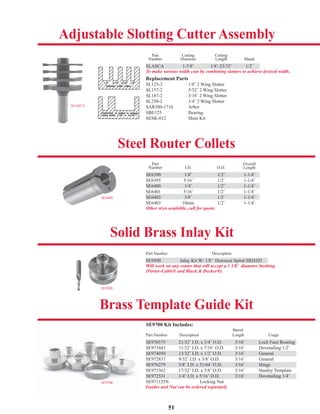 51
SLASCA
SE6400
SE9500
SE9700
Adjustable Slotting Cutter Assembly
Steel Router Collets
Solid Brass Inlay Kit
Brass Template Guide Kit
Part Cutting Cutting
Number Diameter Length Shank
SLASCA 1-7/8˝ 1/8˝-23/32˝ 1/2˝
To make various width cuts by combining slotters to achieve desired width.
Replacement Parts
SL125-2 1/8˝ 2 Wing Slotter
SL157-2 5/32˝ 2 Wing Slotter
SL187-2 3/16˝ 2 Wing Slotter
SL250-2 1/4˝ 2 Wing Slotter
SAR500-1716 Arbor
SBE125 Bearing
SESK-012 Shim Kit
Part Overall
Number I.D. O.D. Length
SE6390 1/8˝ 1/2˝ 1-1/4˝
SE6395 3/16˝ 1/2˝ 1-1/4˝
SE6400 1/4˝ 1/2˝ 1-1/4˝
SE6401 5/16˝ 1/2˝ 1-1/4˝
SE6402 3/8˝ 1/2˝ 1-1/4˝
SE6403 10mm 1/2˝ 1-1/4˝
Other sizes available, call for quote.
Part Number Description
SE9500 Inlay Kit W/ 1/8˝ Downcut Spiral SRD203
Will work on any router that will accept a 1 3/8˝ diameter bushing.
(Porter-Cable® and Black & Decker®)
SE9700 Kit Includes:
Barrel
Part Number Description Length Usage
SE976575 21/32˝ I.D. x 3/4˝ O.D. 3/16˝ Lock Face Routing
SE973443 11/32˝ I.D. x 7/16˝ O.D. 3/16˝ Dovetailing 1/2˝
SE974050 13/32˝ I.D. x 1/2˝ O.D. 3/16˝ General
SE972837 9/32˝ I.D. x 3/8˝ O.D. 3/16˝ General
SE976279 5/8˝ I.D. x 51/64˝ O.D. 3/16˝ Hinge
SE975362 17/32˝ I.D. x 5/8˝ O.D. 3/16˝ Stanley Template
SE972531 1/4˝ I.D. x 5/16˝ O.D. 3/16˝ Dovetailing 1/4˝
SE971125N Locking Nut
Guides and Nut can be ordered separately
SE6390 1/8˝ 1/2˝ 1-1/4˝
SE6400 1/4˝ 1/2˝ 1-1/4˝
SE976575 21/32˝ I.D. x 3/4˝ O.D. 3/16˝ Lock Face Routing
SE974050 13/32˝ I.D. x 1/2˝ O.D. 3/16˝ General
SE976279 5/8˝ I.D. x 51/64˝ O.D. 3/16˝ Hinge
SE972531 1/4˝ I.D. x 5/16˝ O.D. 3/16˝ Dovetailing 1/4˝
SE6402 3/8˝ 1/2˝ 1-1/4˝
SLASCA 1-7/8˝ 1/8˝-23/32˝ 1/2˝A
SE9500 Inlay Kit W/ 1/8˝ Downcut Spiral SRD203
 