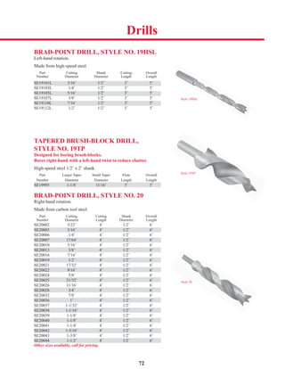 72
BRAD-POINT DRILL, STYLE NO. 19HSL
Left-hand rotation.
Made from high-speed steel.
Part Cutting Shank Cutting Overall
Number Diameter Diameter Length Length
SE19101L 3/16˝ 1/2˝ 3˝ 5˝
SE19103L 1/4˝ 1/2˝ 3˝ 5˝
SE19105L 5/16˝ 1/2˝ 3˝ 5˝
SE19107L 3/8˝ 1/2˝ 3˝ 5˝
SE19110L 7/16˝ 1/2˝ 3˝ 5˝
SE19112L 1/2˝ 1/2˝ 3˝ 5˝
TAPERED BRUSH-BLOCK DRILL,
STYLE NO. 19TP
Designed for boring brush-blocks.
Bores right-hand with a left-hand twist to reduce chatter.
High-speed steel 1/2˝ x 2˝ shank.
Part Larger Taper Small Taper Flute Overall
Number Diameter Diameter Length Length
SE19995 1-1/8˝ 11/16˝ 3˝ 5˝
BRAD-POINT DRILL, STYLE NO. 20
Right-hand rotation.
Made from carbon tool steel.
Part Cutting Cutting Shank Overall
Number Diameter Length Diameter Length
SE20002 5/23˝ 4˝ 1/2˝ 6˝
SE20003 3/16˝ 4˝ 1/2˝ 6˝
SE20006 1/4˝ 4˝ 1/2˝ 6˝
SE20007 17/64˝ 4˝ 1/2˝ 6˝
SE20010 5/16˝ 4˝ 1/2˝ 6˝
SE20013 3/8˝ 4˝ 1/2˝ 6˝
SE20016 7/16˝ 4˝ 1/2˝ 6˝
SE20019 1/2˝ 4˝ 1/2˝ 6˝
SE20021 17/32˝ 4˝ 1/2˝ 6˝
SE20022 9/16˝ 4˝ 1/2˝ 6˝
SE20024 5/8˝ 4˝ 1/2˝ 6˝
SE20025 21/32˝ 4˝ 1/2˝ 6˝
SE20026 11/16˝ 4˝ 1/2˝ 6˝
SE20028 3/4˝ 4˝ 1/2˝ 6˝
SE20032 7/8˝ 4˝ 1/2˝ 6˝
SE20036 1˝ 4˝ 1/2˝ 6˝
SE20037 1-1/32˝ 4˝ 1/2˝ 6˝
SE20038 1-1/16˝ 4˝ 1/2˝ 6˝
SE20039 1-1/8˝ 4˝ 1/2˝ 6˝
SE20040 1-1/8˝ 4˝ 1/2˝ 6˝
SE20041 1-1/4˝ 4˝ 1/2˝ 6˝
SE20042 1-5/16˝ 4˝ 1/2˝ 6˝
SE20043 1-3/8˝ 4˝ 1/2˝ 6˝
SE20044 1-1/2˝ 4˝ 1/2˝ 6˝
Other sizes available, call for pricing.
SE19101L 3/16˝ 1/2˝ 3˝ 5˝L
SE19105L 5/16˝ 1/2˝ 3˝ 5˝L
SE19995 1-1/8˝ 11/16˝ 3˝ 5˝
SE19110L 7/16˝ 1/2˝ 3˝ 5˝L
Style 19HSL
Style 20
SE20013 3/8˝ 4˝ 1/2˝ 6˝
SE20019 1/2˝ 4˝ 1/2˝ 6˝
SE20022 9/16˝ 4˝ 1/2˝ 6˝
SE20025 21/32˝ 4˝ 1/2˝ 6˝
SE20028 3/4˝ 4˝ 1/2˝ 6˝
SE20036 1˝ 4˝ 1/2˝ 6˝
SE20038 1-1/16˝ 4˝ 1/2˝ 6˝
SE20040 1-1/8˝ 4˝ 1/2˝ 6˝
Style 19TP
Drills
SE20003 3/16˝ 4˝ 1/2˝ 6˝
SE20042 1-5/16˝ 4˝ 1/2˝ 6˝
SE20044 1-1/2˝ 4˝ 1/2˝ 6˝
SE20007 17/64˝ 4˝ 1/2˝ 6˝
 