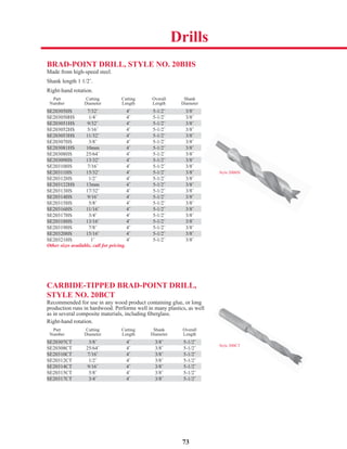 73
BRAD-POINT DRILL, STYLE NO. 20BHS
Made from high-speed steel.
Shank length 1 1/2˝.
Right-hand rotation.
Part Cutting Cutting Overall Shank
Number Diameter Length Length Diameter
SE20305HS 7/32˝ 4˝ 5-1/2˝ 3/8˝
SE203050HS 1/4˝ 4˝ 5-1/2˝ 3/8˝
SE203051HS 9/32˝ 4˝ 5-1/2˝ 3/8˝
SE203052HS 5/16˝ 4˝ 5-1/2˝ 3/8˝
SE203053HS 11/32˝ 4˝ 5-1/2˝ 3/8˝
SE20307HS 3/8˝ 4˝ 5-1/2˝ 3/8˝
SE203081HS 10mm 4˝ 5-1/2˝ 3/8˝
SE20308HS 25/64˝ 4˝ 5-1/2˝ 3/8˝
SE20309HS 13/32˝ 4˝ 5-1/2˝ 3/8˝
SE20310HS 7/16˝ 4˝ 5-1/2˝ 3/8˝
SE20311HS 15/32˝ 4˝ 5-1/2˝ 3/8˝
SE20312HS 1/2˝ 4˝ 5-1/2˝ 3/8˝
SE203122HS 13mm 4˝ 5-1/2˝ 3/8˝
SE20313HS 17/32˝ 4˝ 5-1/2˝ 3/8˝
SE20314HS 9/16˝ 4˝ 5-1/2˝ 3/8˝
SE20315HS 5/8˝ 4˝ 5-1/2˝ 3/8˝
SE20316HS 11/16˝ 4˝ 5-1/2˝ 3/8˝
SE20317HS 3/4˝ 4˝ 5-1/2˝ 3/8˝
SE20318HS 13/16˝ 4˝ 5-1/2˝ 3/8˝
SE20319HS 7/8˝ 4˝ 5-1/2˝ 3/8˝
SE20320HS 15/16˝ 4˝ 5-1/2˝ 3/8˝
SE20321HS 1˝ 4˝ 5-1/2˝ 3/8˝
Other sizes available, call for pricing.
CARBIDE-TIPPED BRAD-POINT DRILL,
STYLE NO. 20BCT
Recommended for use in any wood product containing glue, or long
production runs in hardwood. Performs well in many plastics, as well
as in several composite materials, including ﬁberglass.
Right-hand rotation.
Part Cutting Cutting Shank Overall
Number Diameter Length Diameter Length
SE20307CT 3/8˝ 4˝ 3/8˝ 5-1/2˝
SE20308CT 25/64˝ 4˝ 3/8˝ 5-1/2˝
SE20310CT 7/16˝ 4˝ 3/8˝ 5-1/2˝
SE20312CT 1/2˝ 4˝ 3/8˝ 5-1/2˝
SE20314CT 9/16˝ 4˝ 3/8˝ 5-1/2˝
SE20315CT 5/8˝ 4˝ 3/8˝ 5-1/2˝
SE20317CT 3/4˝ 4˝ 3/8˝ 5-1/2˝
SE20305HS 7/32˝ 4˝ 5-1/2˝ 3/8˝
SE203051HS 9/32˝ 4˝ 5-1/2˝ 3/8˝
SE20316HS 11/16˝ 4˝ 5-1/2˝ 3/8˝
SE203053HS 11/32˝ 4˝ 5-1/2˝ 3/8˝
Style 20BHS
Style 20BCT
SE203081HS 10mm 4˝ 5-1/2˝ 3/8˝
SE20309HS 13/32˝ 4˝ 5-1/2˝ 3/8˝
SE20311HS 15/32˝ 4˝ 5-1/2˝ 3/8˝
SE203122HS 13mm 4˝ 5-1/2˝ 3/8˝
SE20314HS 9/16˝ 4˝ 5-1/2˝ 3/8˝
SE20307CT 3/8˝ 4˝ 3/8˝ 5-1/2˝
SE20310CT 7/16˝ 4˝ 3/8˝ 5-1/2˝
SE20314CT 9/16˝ 4˝ 3/8˝ 5-1/2˝
SE20318HS 13/16˝ 4˝ 5-1/2˝ 3/8˝
SE20320HS 15/16˝ 4˝ 5-1/2˝ 3/8˝
Drills
SE20317CT 3/4˝ 4˝ 3/8˝ 5-1/2˝
 