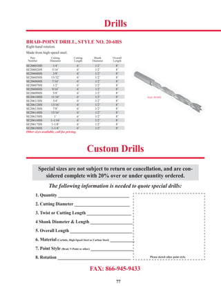 77
BRAD-POINT DRILL, STYLE NO. 20-6HS
Right-hand rotation.
Made from high-speed steel.
Part Cutting Cutting Shank Overall
Number Diameter Length Diameter Length
SE20601HS 1/4˝ 6˝ 1/2˝ 8˝
SE20602HS 5/16˝ 6˝ 1/2˝ 8˝
SE20604HS 3/8˝ 6˝ 1/2˝ 8˝
SE20605HS 13/32˝ 6˝ 1/2˝ 8˝
SE20606HS 7/16˝ 6˝ 1/2˝ 8˝
SE20607HS 1/2˝ 6˝ 1/2˝ 8˝
SE20608HS 9/16˝ 6˝ 1/2˝ 8˝
SE20609HS 5/8˝ 6˝ 1/2˝ 8˝
SE20610HS 11/16˝ 6˝ 1/2˝ 8˝
SE20611HS 3/4˝ 6˝ 1/2˝ 8˝
SE20612HS 13/16˝ 6˝ 1/2˝ 8˝
SE20613HS 7/8˝ 6˝ 1/2˝ 8˝
SE20614HS 15/16˝ 6˝ 1/2˝ 8˝
SE20615HS 1˝ 6˝ 1/2˝ 8˝
SE20616HS 1-1/16˝ 6˝ 1/2˝ 8˝
SE20617HS 1-1/8˝ 6˝ 1/2˝ 8˝
SE20618HS 1-1/4˝ 6˝ 1/2˝ 8˝
Other sizes available, call for pricing.
SE20608HS 9/16˝ 6˝ 1/2˝ 8˝
SE20601HS 1/4˝ 6˝ 1/2˝ 8˝
SE20604HS 3/8˝ 6˝ 1/2˝ 8˝
SE20606HS 7/16˝ 6˝ 1/2˝ 8˝
Style 20-6HSSE20610HS 11/16˝ 6˝ 1/2˝ 8˝
SE20616HS 1-1/16˝ 6˝ 1/2˝ 8˝
SE20612HS 13/16˝ 6˝ 1/2˝ 8˝
SE20614HS 15/16˝ 6˝ 1/2˝ 8˝
SE20618HS 1-1/4˝ 6˝ 1/2˝ 8˝
Drills
Custom Drills
Special sizes are not subject to return or cancellation, and are con-
sidered complete with 20% over or under quantity ordered.
The following information is needed to quote special drills:
1. Quantity ________________________________
2. Cutting Diameter _________________________
3. Twist or Cutting Length ____________________
4 Shank Diameter & Length ___________________
5. Overall Length ____________________________
6. Material(Carbide, High-Speed Steel or Carbon Steel) ___________
7. Point Style (Brad, V-Point or other) ___________________
8. Rotation _________________________________
FAX: 866-945-9433
Please sketch other point style,
 