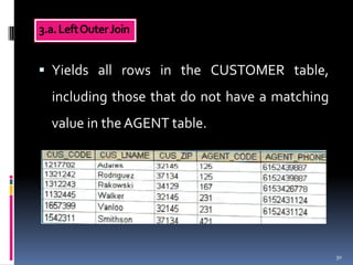 3.a. Left Outer Join


 Yields all rows in the CUSTOMER table,
  including those that do not have a matching
  value in the AGENT table.




                                                30
 