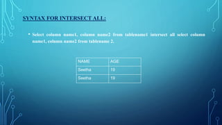 SYNTAX FOR INTERSECT ALL:
• Select column name1, column name2 from tablename1 intersect all select column
name1, column name2 from tablename 2.
NAME AGE
Seetha 19
Seetha 19
 