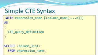 Simple CTE Syntax
;WITH expression_name [(column_name[,...n])]
AS
(
CTE_query_definition
)
SELECT <column_list>
FROM expression_name;
 