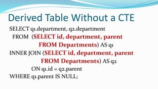 Derived Table Without a CTE
SELECT q1.department, q2.department
FROM (SELECT id, department, parent
FROM Departments) AS q1
INNER JOIN (SELECT id, department, parent
FROM Departments) AS q2
ON q1.id = q2.parent
WHERE q1.parent IS NULL;
 