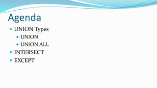 Agenda
 UNION Types
 UNION
 UNION ALL
 INTERSECT
 EXCEPT
 