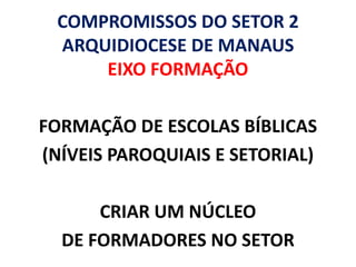 COMPROMISSOS DO SETOR 2
 ARQUIDIOCESE DE MANAUS
     EIXO FORMAÇÃO

FORMAÇÃO DE ESCOLAS BÍBLICAS
(NÍVEIS PAROQUIAIS E SETORIAL)

      CRIAR UM NÚCLEO
  DE FORMADORES NO SETOR
 