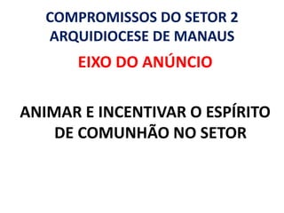 COMPROMISSOS DO SETOR 2
   ARQUIDIOCESE DE MANAUS
      EIXO DO ANÚNCIO

ANIMAR E INCENTIVAR O ESPÍRITO
    DE COMUNHÃO NO SETOR
 